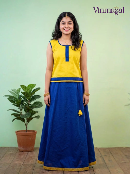 yellow and deep blue kerala pattu pavadai for girls