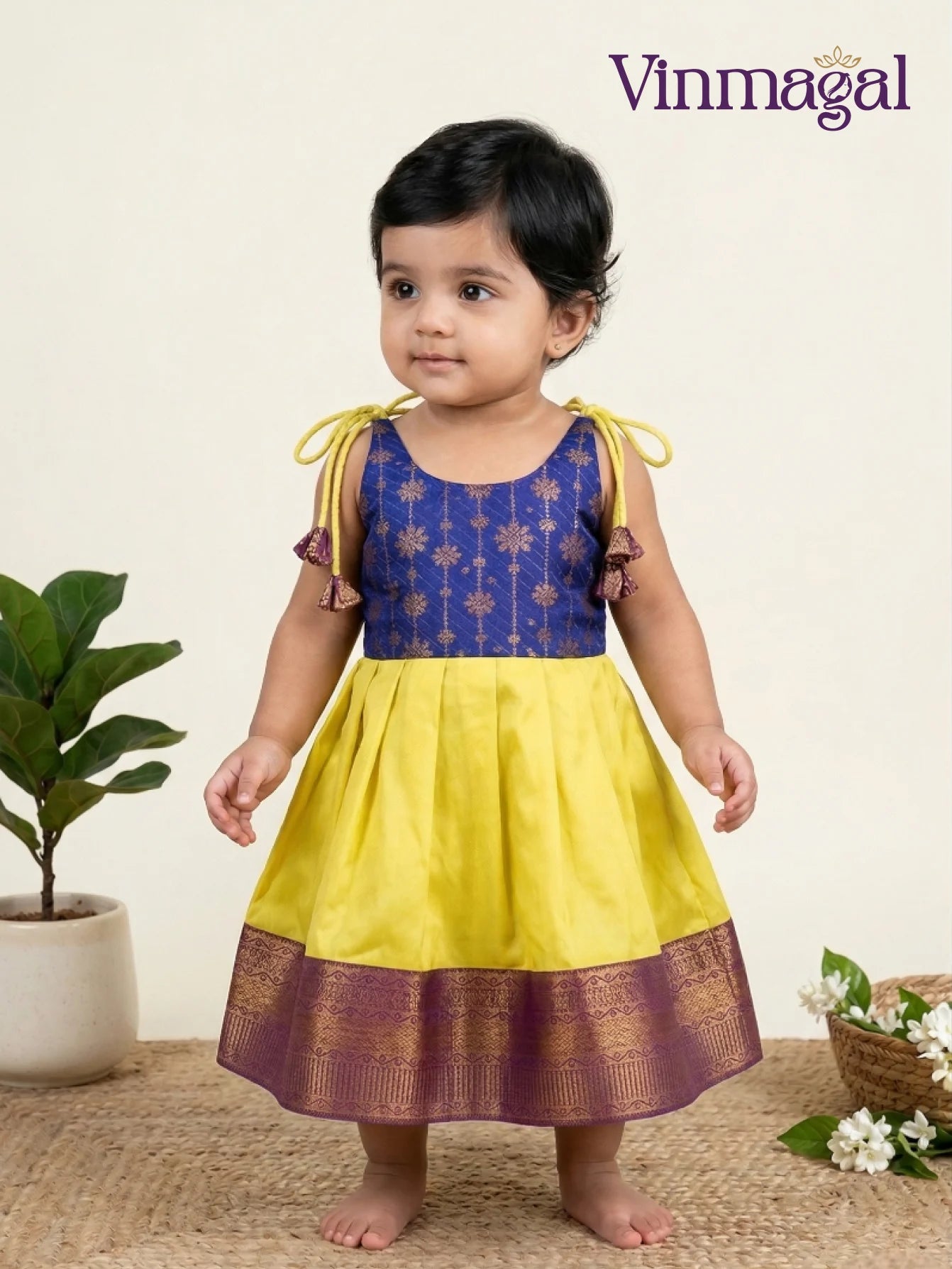 yellow and blue silk frock for girls designed for party wear