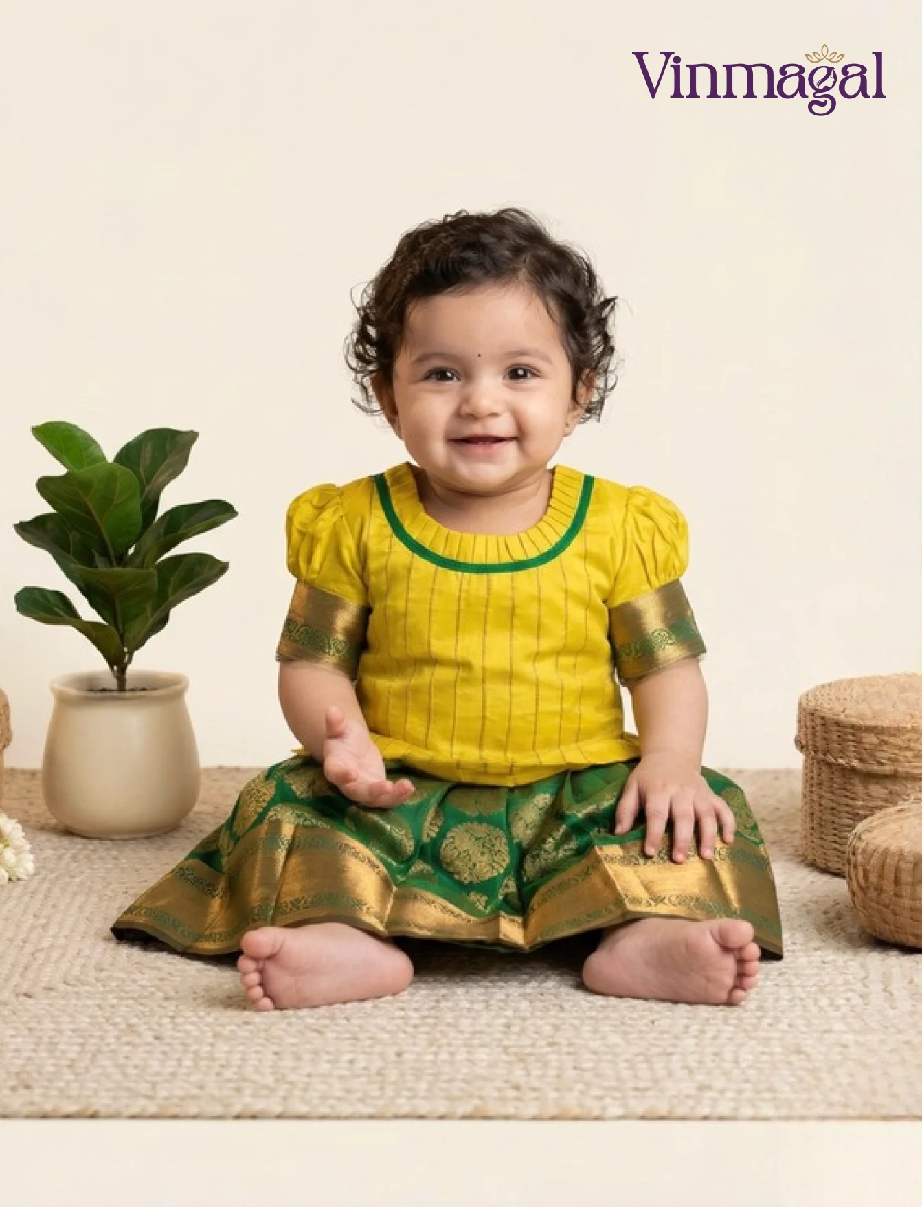 yellow and green pure silk pavadai skirt and blouse set with zari work for kids