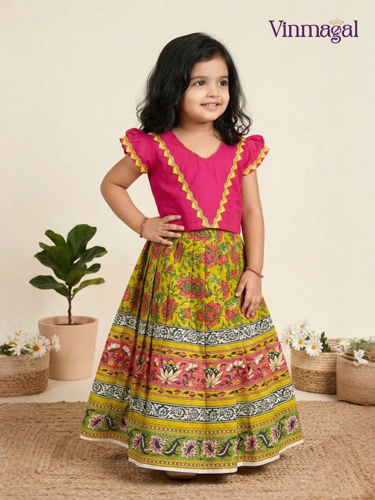 yellow and pink soft cotton pavadai skirt for kids in traditional style