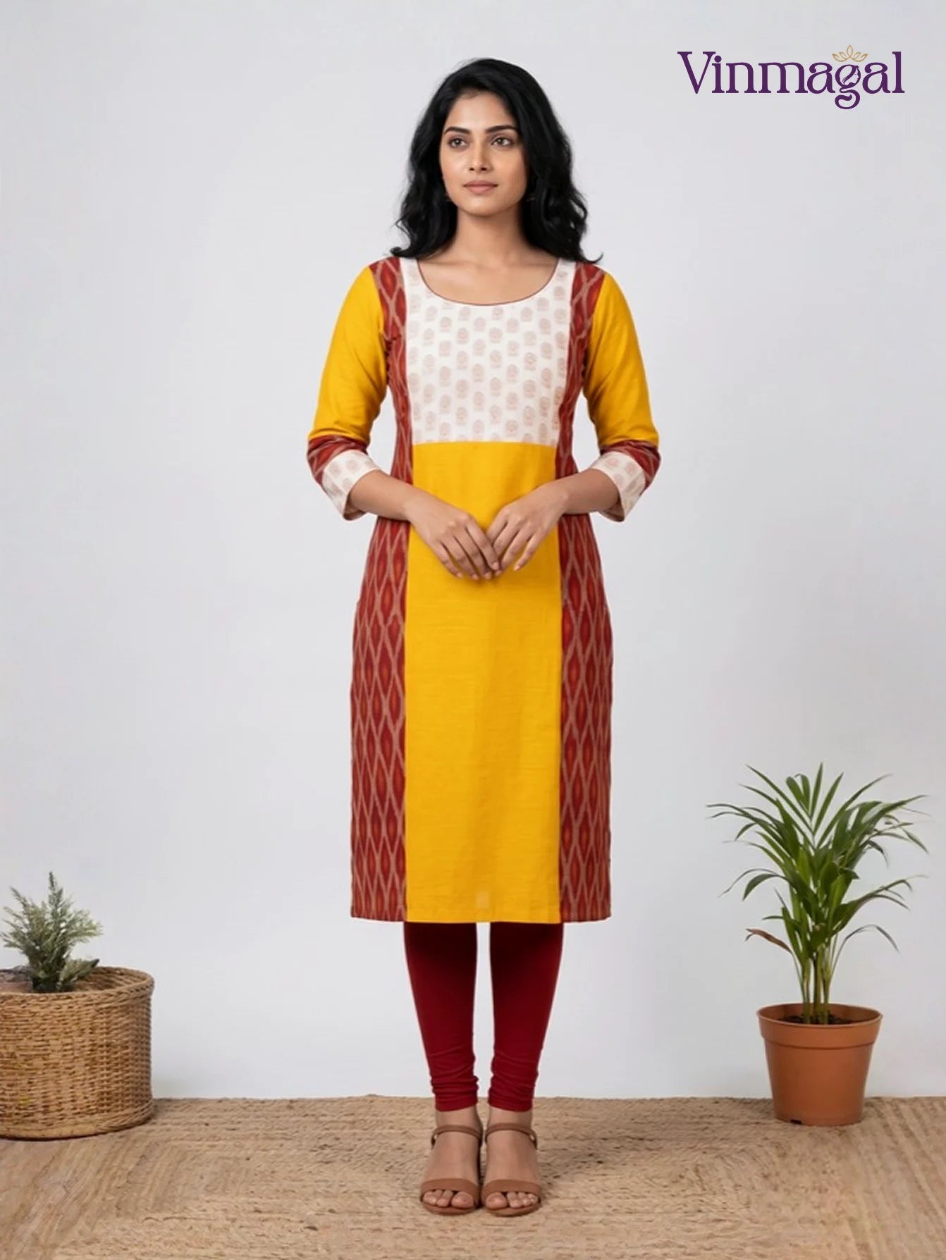 yellow and red cotton kurti with ikkat print and soft cotton lining for women