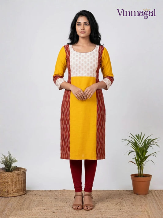 yellow and red cotton kurti with ikkat print and soft cotton lining for women