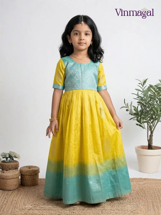 yellow silk cotton long gown for kids with soft breathable fabric