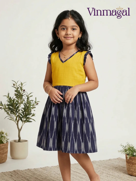 yellow and violet cotton frock for girls suitable for everyday wear